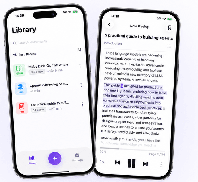 Read Aloud iPhone library and reading player screens